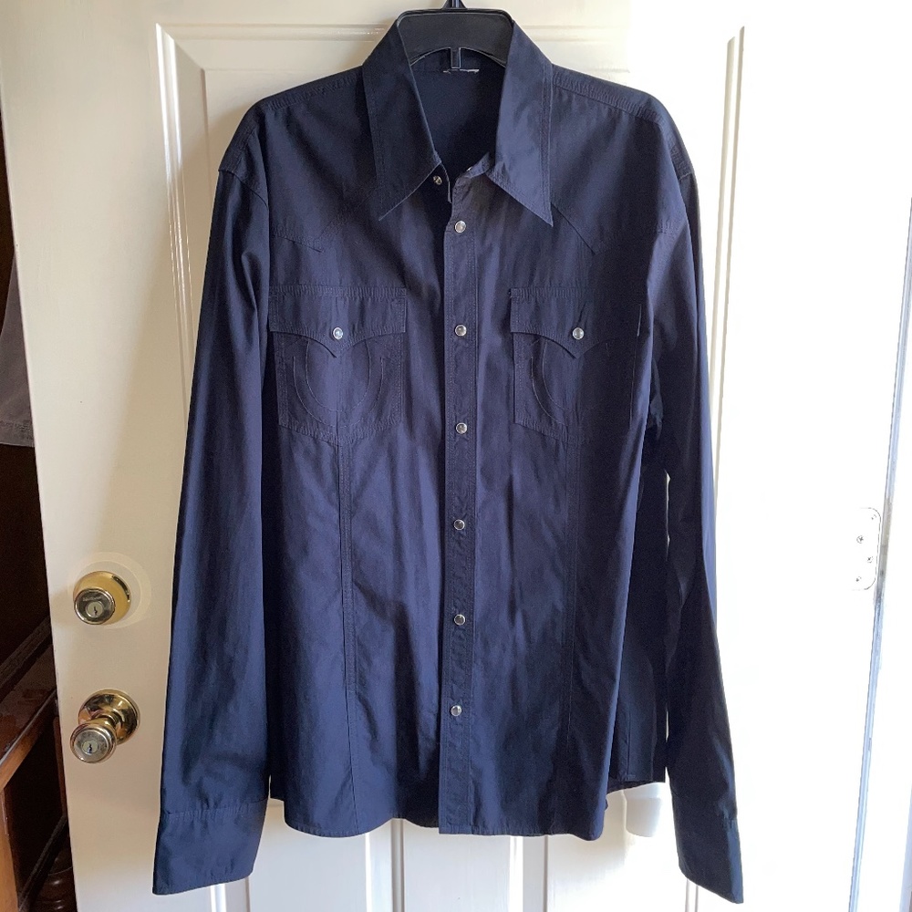 True Religion Black & Silver Pearl Snap Button Front Western Shirt
